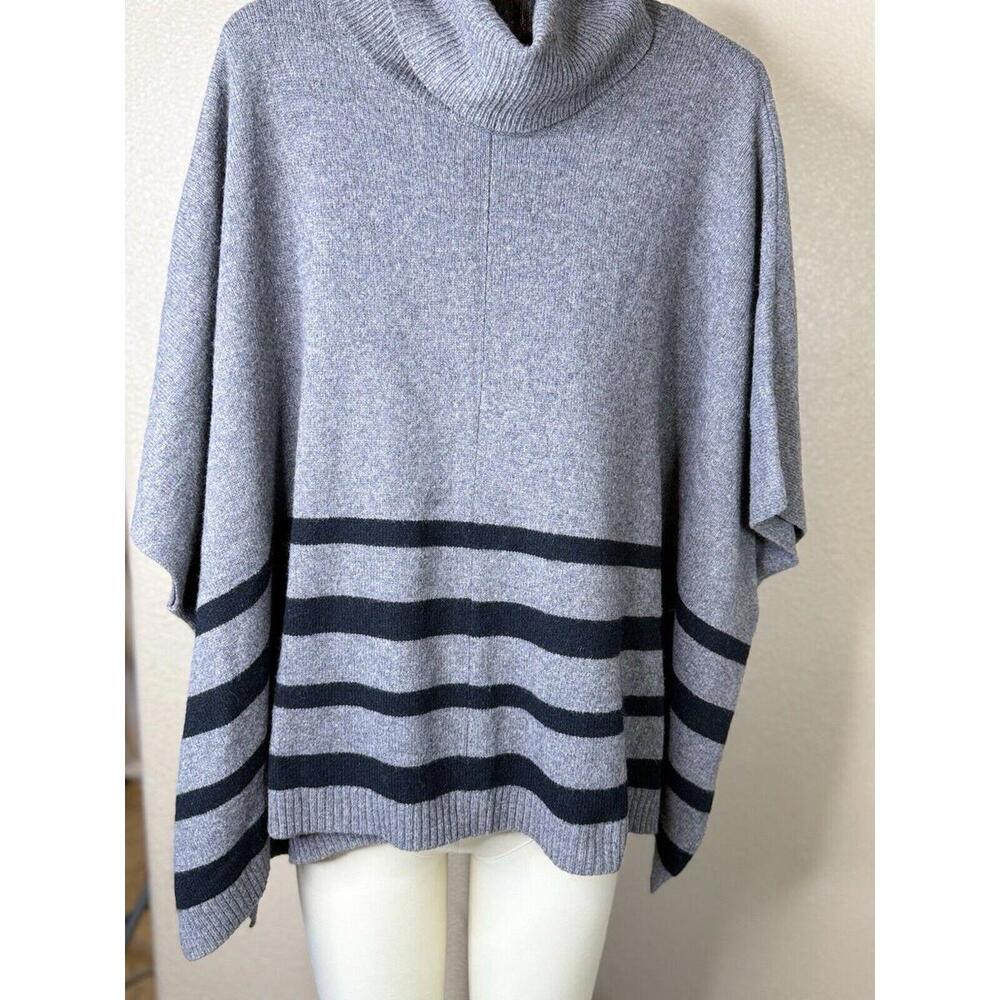 Tahari Sweater Poncho Gray Black stripes Sz M Turtle Neck  Wool & Yak